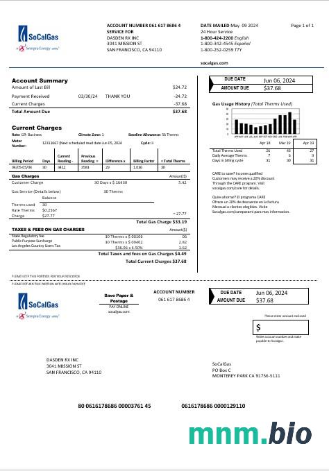 Usa California SoCal Gas rachunek za usługi komunalne szablon w formacie Word i PDF